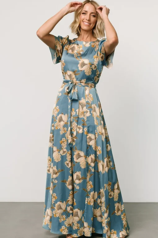 Agnes Satin Maxi Dress | Blue + Gold