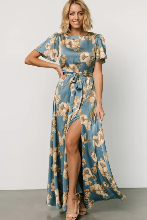 Agnes Satin Maxi Dress | Blue + Gold