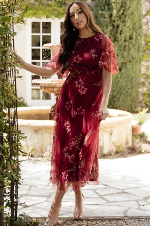 Arabella Embroidered Tulle Maxi Dress | Burgundy Floral