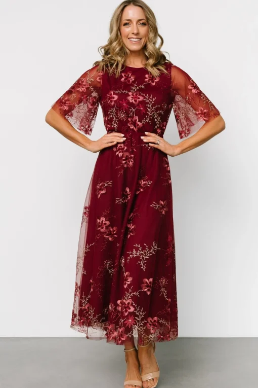 Arabella Embroidered Tulle Maxi Dress | Burgundy Floral