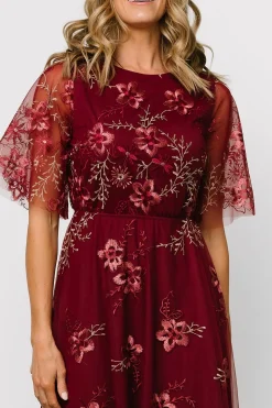 Arabella Embroidered Tulle Maxi Dress | Burgundy Floral