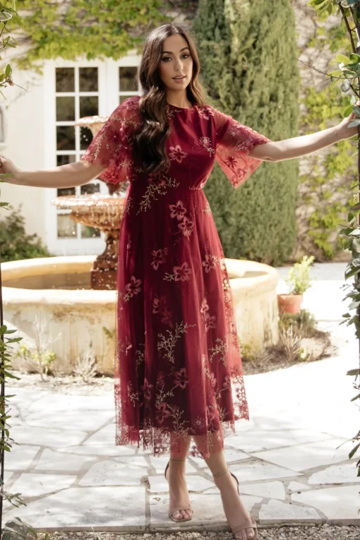 Arabella Embroidered Tulle Maxi Dress | Burgundy Floral