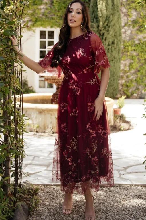 Arabella Embroidered Tulle Maxi Dress | Burgundy Floral