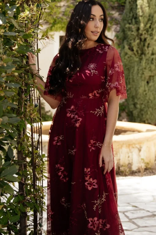 Arabella Embroidered Tulle Maxi Dress | Burgundy Floral