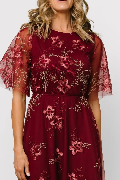 Arabella Embroidered Tulle Maxi Dress | Burgundy Floral