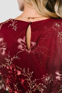 Arabella Embroidered Tulle Maxi Dress | Burgundy Floral
