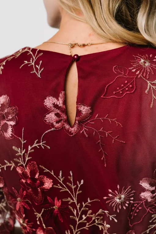 Arabella Embroidered Tulle Maxi Dress | Burgundy Floral