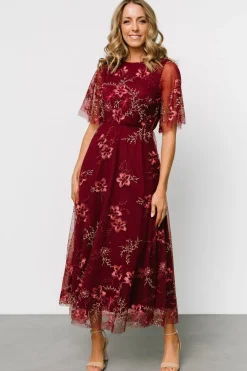 Arabella Embroidered Tulle Maxi Dress | Burgundy Floral