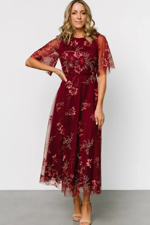 Arabella Embroidered Tulle Maxi Dress | Burgundy Floral