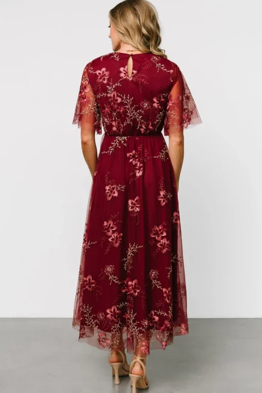 Arabella Embroidered Tulle Maxi Dress | Burgundy Floral