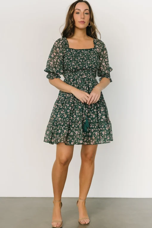Azlyn Smocked Short Dress | Green + Pink Floral