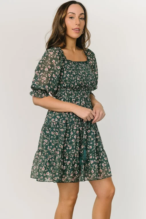 Azlyn Smocked Short Dress | Green + Pink Floral
