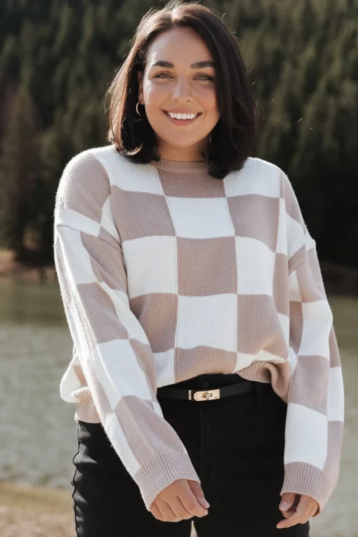 Bella Checkered Sweater | Taupe