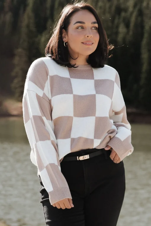 Bella Checkered Sweater | Taupe
