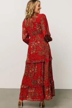 Bowman Deep V Maxi Dress | Red Multi