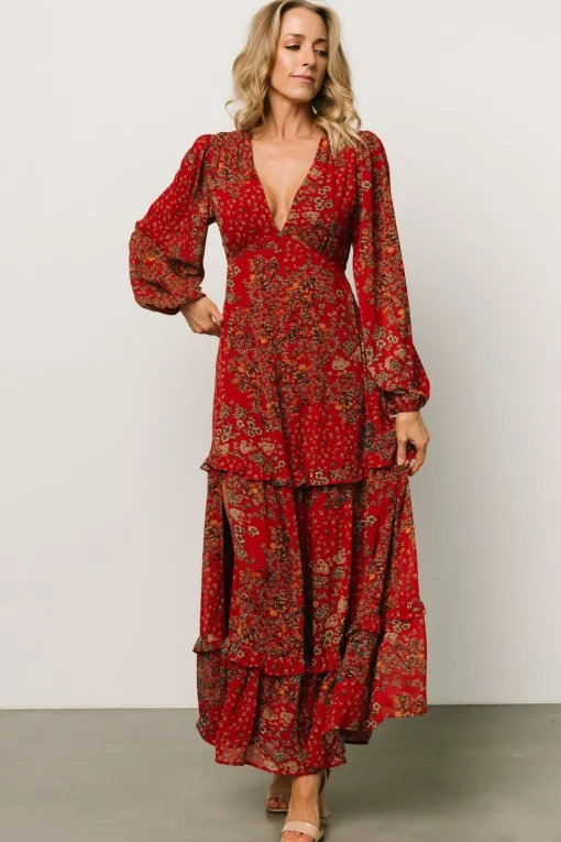 Bowman Deep V Maxi Dress | Red Multi