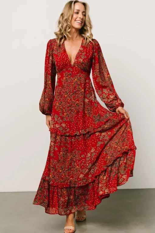 Bowman Deep V Maxi Dress | Red Multi
