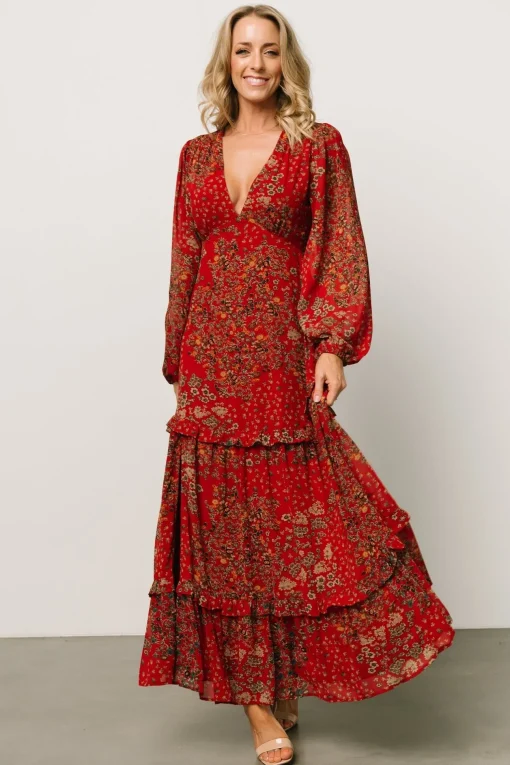 Bowman Deep V Maxi Dress | Red Multi