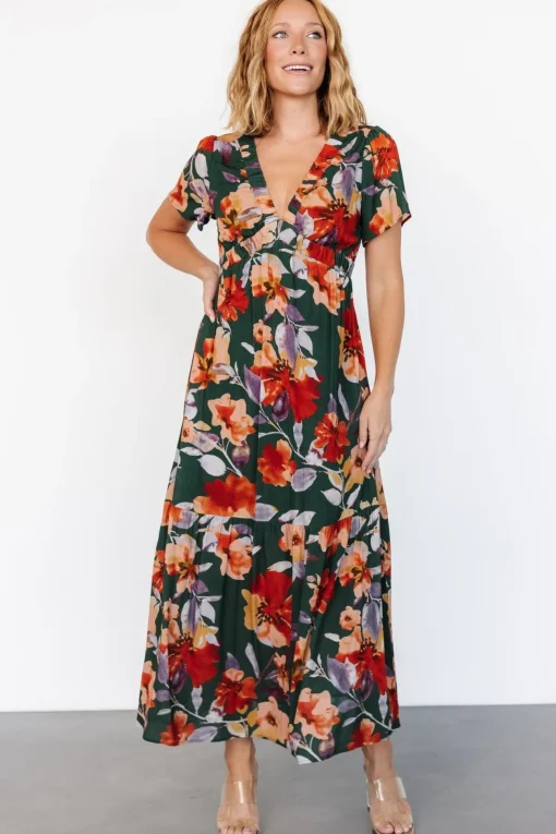 Cassie Short Sleeve Dress | Dark Green Floral