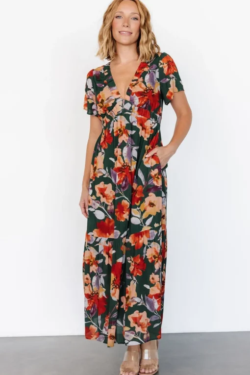 Cassie Short Sleeve Dress | Dark Green Floral