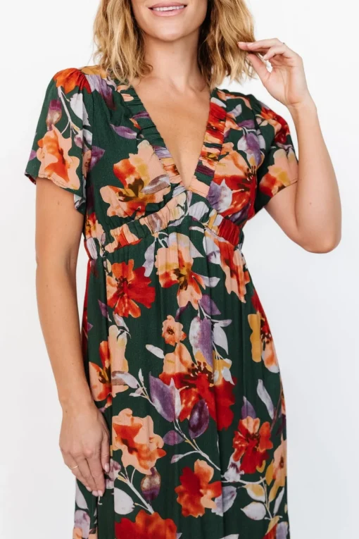 Cassie Short Sleeve Dress | Dark Green Floral