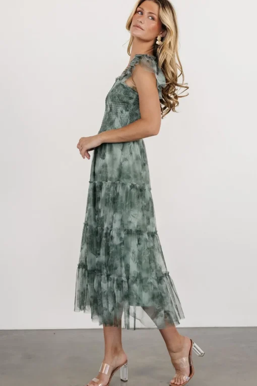 Clementine Tulle Midi Dress | Dusty Green Print