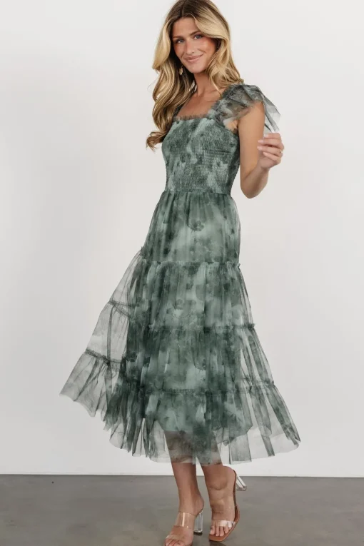 Clementine Tulle Midi Dress | Dusty Green Print