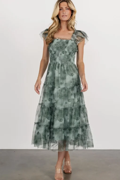 Clementine Tulle Midi Dress | Dusty Green Print
