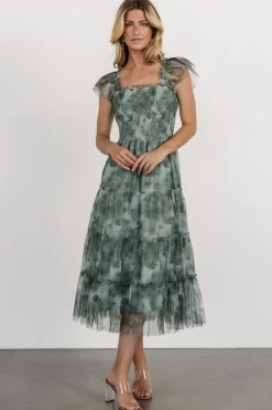 Clementine Tulle Midi Dress | Dusty Green Print