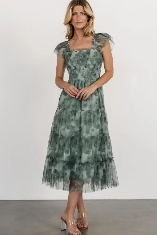 Clementine Tulle Midi Dress | Dusty Green Print