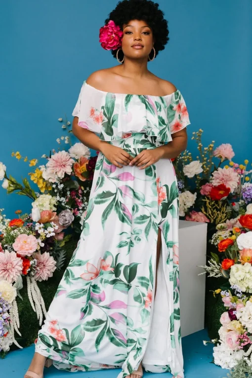 Daphne Off Shoulder Maxi Dress | White + Green Multi Floral