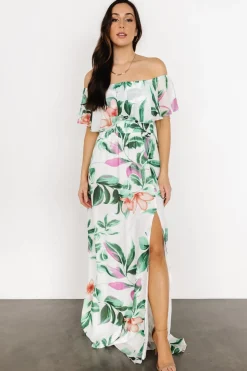 Daphne Off Shoulder Maxi Dress | White + Green Multi Floral