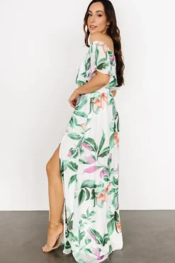 Daphne Off Shoulder Maxi Dress | White + Green Multi Floral