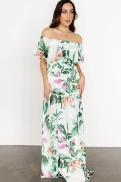 Daphne Off Shoulder Maxi Dress | White + Green Multi Floral