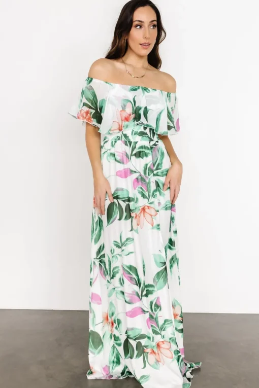 Daphne Off Shoulder Maxi Dress | White + Green Multi Floral