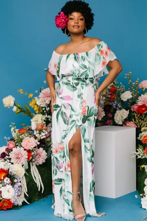 Daphne Off Shoulder Maxi Dress | White + Green Multi Floral