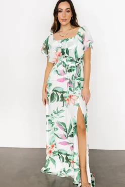Daphne Off Shoulder Maxi Dress | White + Green Multi Floral