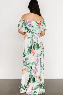 Daphne Off Shoulder Maxi Dress | White + Green Multi Floral