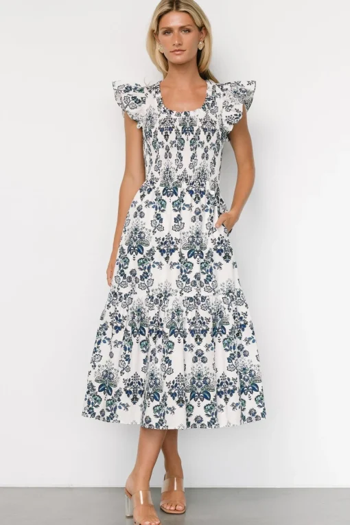 Dominique Midi Dress | White + Cobalt