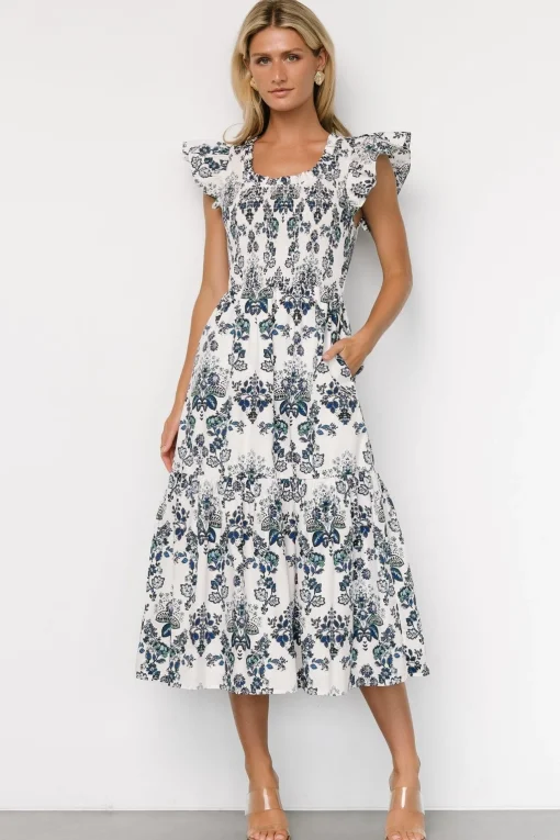 Dominique Midi Dress | White + Cobalt