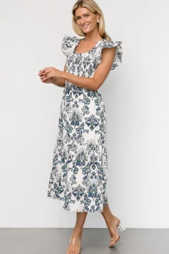 Dominique Midi Dress | White + Cobalt