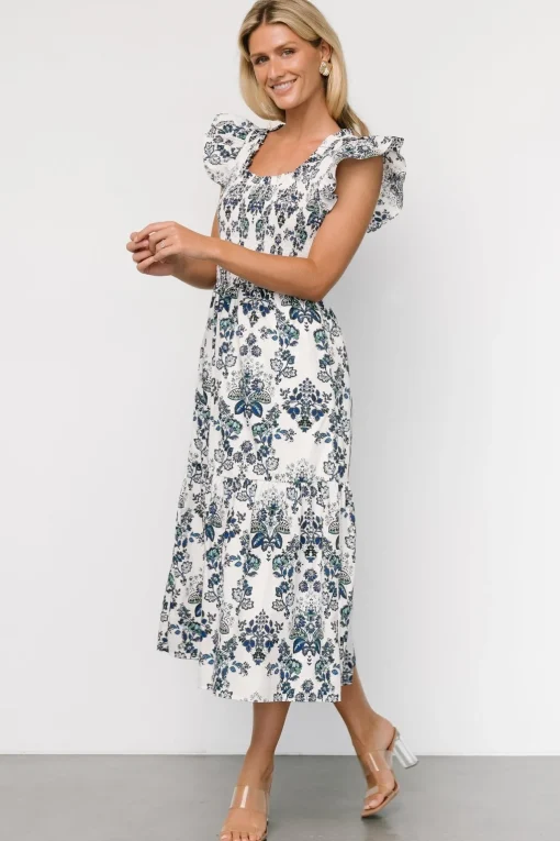 Dominique Midi Dress | White + Cobalt
