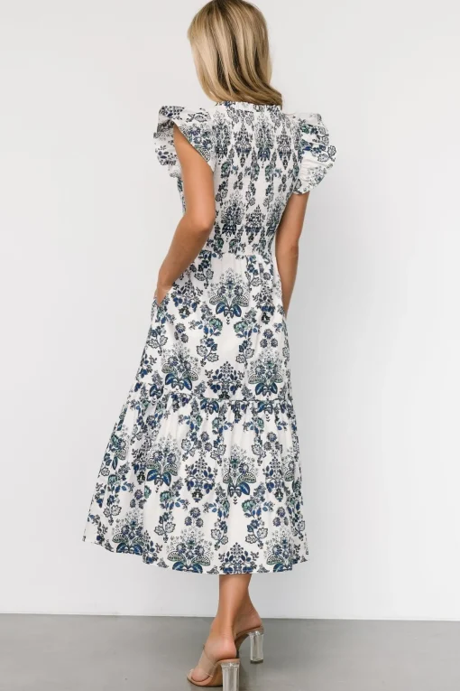 Dominique Midi Dress | White + Cobalt