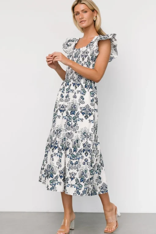 Dominique Midi Dress | White + Cobalt