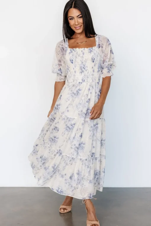 Fabian Jacquard Midi Dress | Cream + Blue Floral
