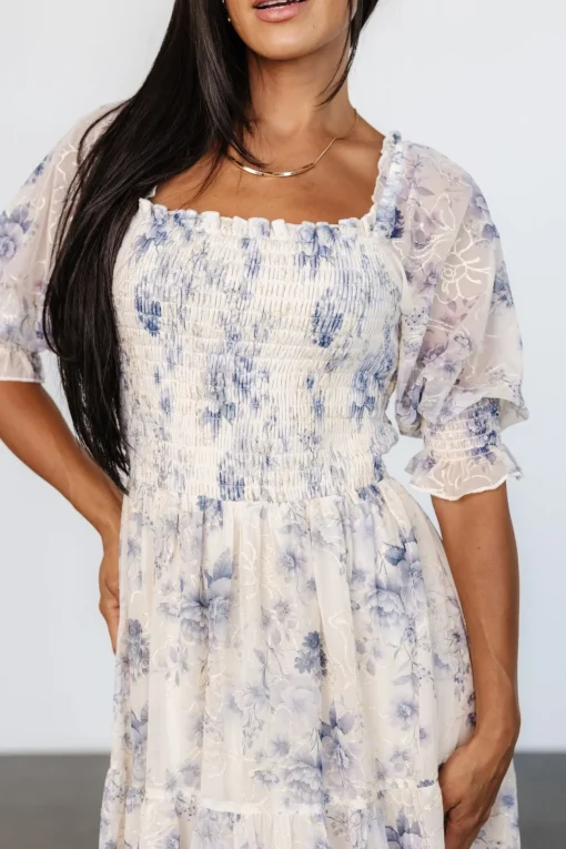 Fabian Jacquard Midi Dress | Cream + Blue Floral