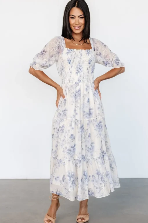 Fabian Jacquard Midi Dress | Cream + Blue Floral