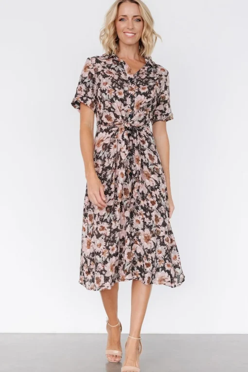Feya Button Midi Dress | Black + Mauve Floral