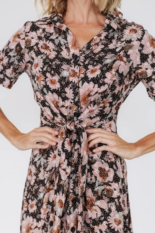 Feya Button Midi Dress | Black + Mauve Floral