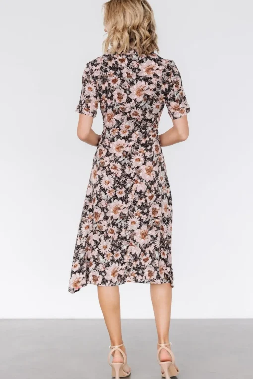 Feya Button Midi Dress | Black + Mauve Floral